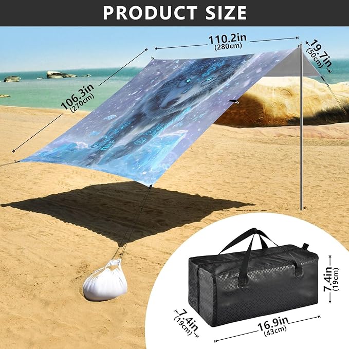 ALAZA Snow Wolf Beach Tent Sun Shelter UPF50+ Protection Beach Shade Canopy w/ 4 Sandbags for Outdoor Camping Fishing Backyard Fun Picnic 10x9 ft