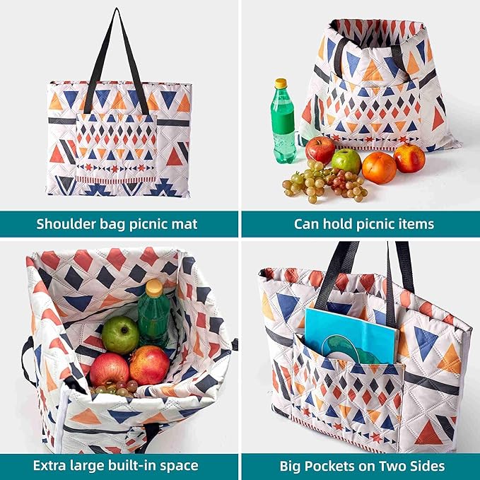 Outdoor Packable Picnic Blanket with Zipper Folds into Tote Bag with Large Storage and Shoulder Strap Waterproof Sandproof for Lawn Beach Hiking Camping (colorful1 Small)