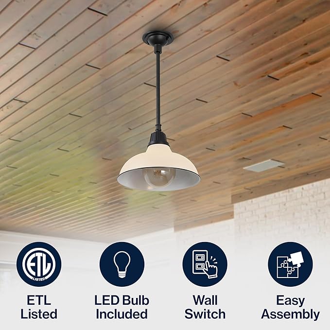 JONATHAN Y 12.25 Matte Almond 1-Light Farmhouse Indoor/Outdoor LED Pendant Iron Hanging Light and Black Metal Shade Rustic Ceiling Lamp for Kitchen Island LED Bulb Included (JYL7611J)
