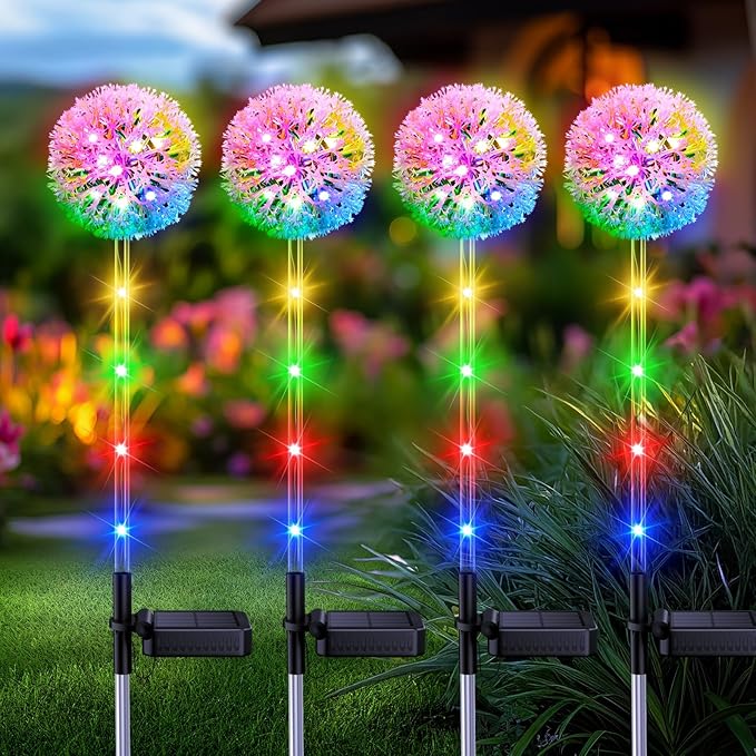 Solar Garden Lights Outdoor Decor: 4 Pack Dandelion Solar Flower Lights 2 Modes 16 LED Colored Solar Lights for Outside Waterproof Decorative Flowers for Yard Patio Gifts for Women Mom