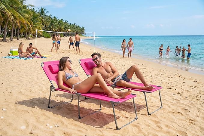 Tanning Chair with Face Hole Folding Beach Lounge Chair 5-Position Adjustable Backrest Face Down Chaise Lounge with Pillow and Side Pocket Portable for Poolside Patio Backyard Beach Pink