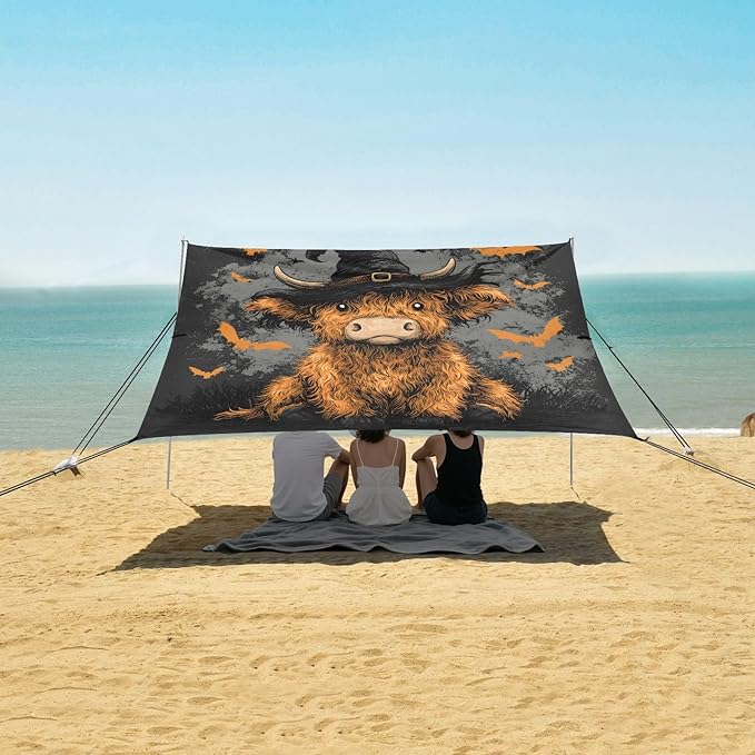 ALAZA Highland Bull Bat Halloween Beach Tent Sun Shelter UPF50+ Protection Beach Shade Canopy w/ 4 Sandbags for Outdoor Camping Fishing Backyard Fun Picnic 10x9 ft