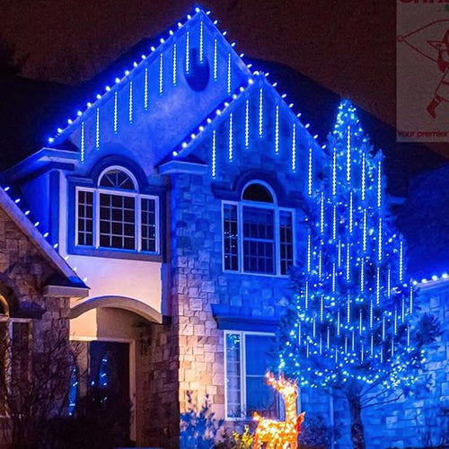 2 Pack Extendable Christmas Lights Decorations Outdoor 16 Tubes 384 LEDs Meteor Shower Lights with Timer Cascading Falling Raindrop String Light Plug in for Holiday Graden Yard Tree Xmas Decor (Blue)