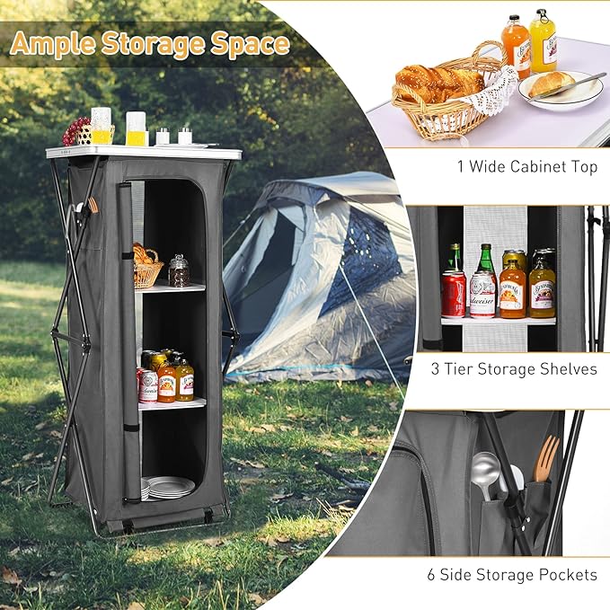 Goplus Folding Camping Storage Cabinet Pop Up Outdoor Camping Kitchen Station with Large 3-Tier Storage Organizer Carry Bag Easy Set Up Portable Compact Camping Table for BBQ Picnic Backyard (55'')