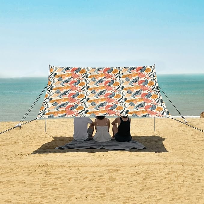 Camping Sun Shelters Tropical Leaves Pattern Print Beach Canopy 126 * 110.2in