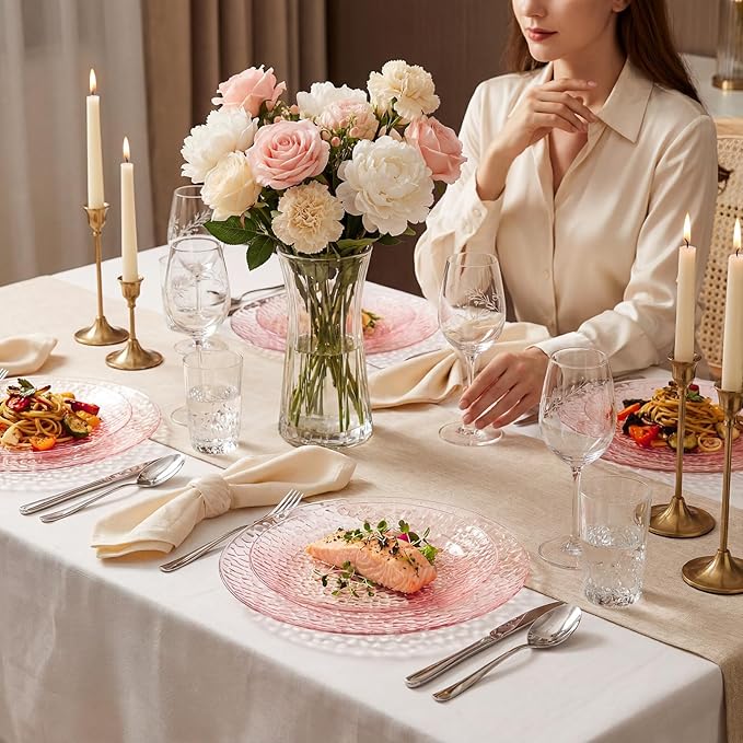 Rubtlamp 60PCS Pink Plastic Plates Disposable Pink Easter Plates with Hammered Design Heavy Duty Plastic Platos Fancy Party Platos Include 30 Dessert Plate &amp 30 Dinner Plate for Bridal Wedding