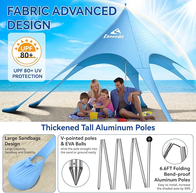 Beach Tent Sun Shelter &amp Portable Beach Canopy UPF 80+ UV Protection Beach Shade Canopy with 6 Sandbags Sand Shovel Ground Pegs for Outdoor Camping Picnics (12x12ft Sky Blue)