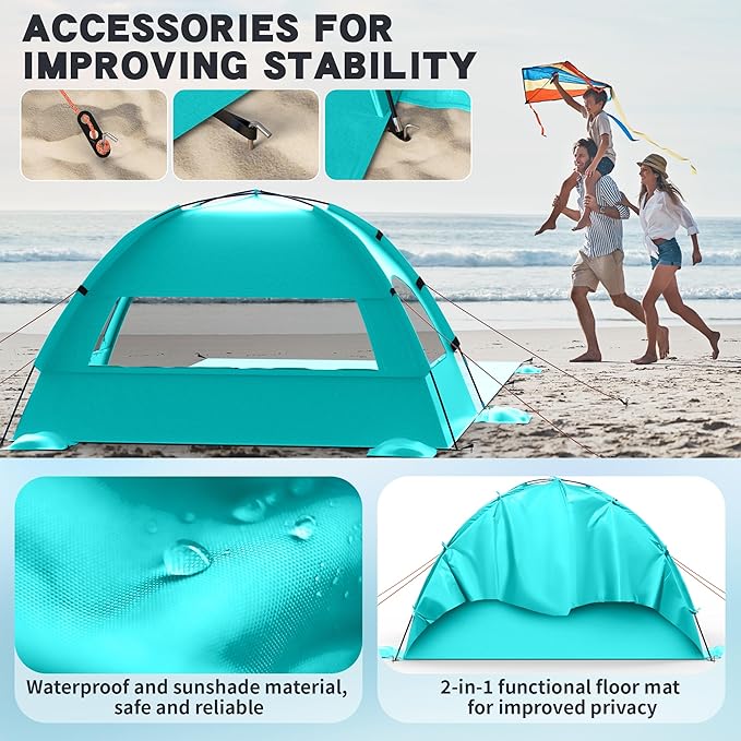 Beach Tent Sun Shelter with Extended Sand Mat 114×82inchUPF 50+ Protection 3 Double-Layer Windows for Enhanced Privacy Portable Beach Shade 3-4 People. Windproof and Waterproof