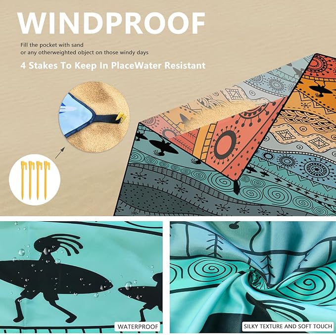 Beach Blanket Waterproof Sandproof Beach Mat Extra Large 86.6‘’×70.8‘’ Portable Foldable Quick Drying Outdoor Picnic Mat Beach Accessories for Travel Camping Hiking