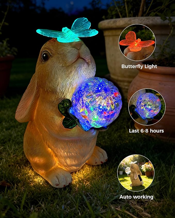 Hogni Solar Bunny Garden Statue Outdoor Decor Rabbit Figurines with LED Light Waterproof Solar Powered Yard Art for Patio Balcony Lawn Cute House Warming &amp Birthday Gifts for Mom Grandma Wo