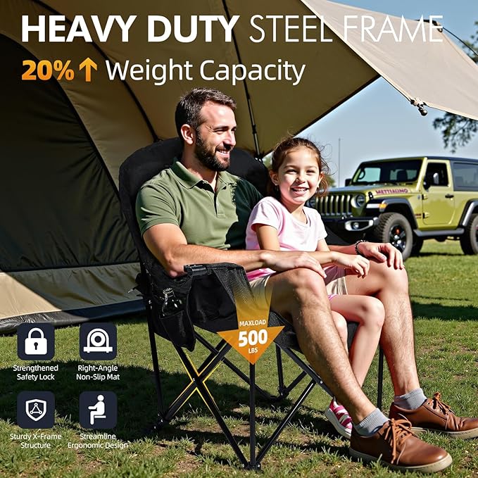 Oversized Camping Chairs for Adults - Heavy Duty Padded Outdoor Folding Lawn XL Camp Chair with Cup Holder Cooler Pockets for Outside Sports Beach Fishing Garden Portable Supports 500lbs AllBlack