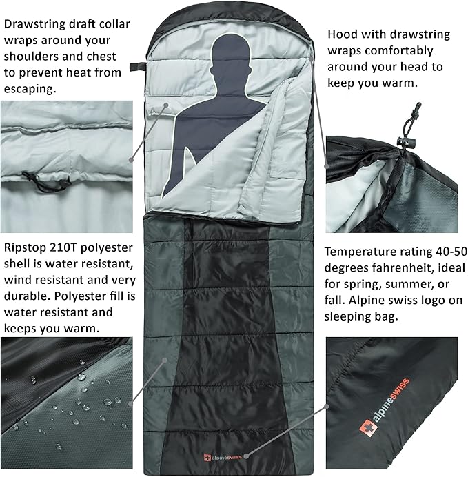 Alpine Swiss 0°C (32°F) Sleeping Bag Lightweight Waterproof with Compression Sack Adults All Seasons Camping Hiking Backpacking Travel Outdoor Indoor