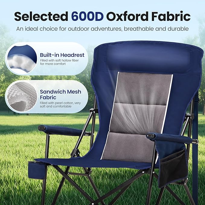 HIGH POINT SPORTS Oversized Camping Chairs for Adults High Back Heavy Duty Lawn Folding Chair Support 500LBS Padded Portable Outdoor Chair with Cup Holder Blue
