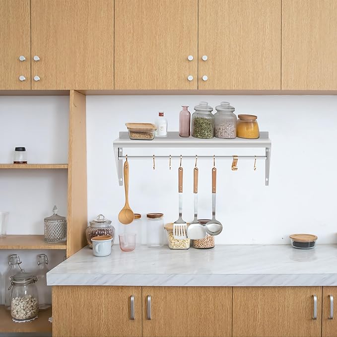 12''x48'' Wall Mounted Stainless Steel Shelf with Suspension Rod NSF Commercial Metal Wall Mounted Floating Shelf for Kitchens Restaurants Food Trucks Garages Homes and Hotels