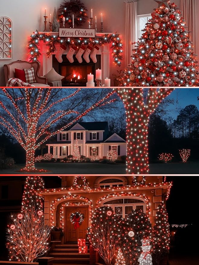 2-Pack 66FT 200 LED Christmas Lights 13 Modes Extendable Christmas Tree Lights with Timer &amp Memory Waterproof Twinkle Fairy Lights Green Wire Outdoor String Lights Indoor for Xmas Tree (Red Whit