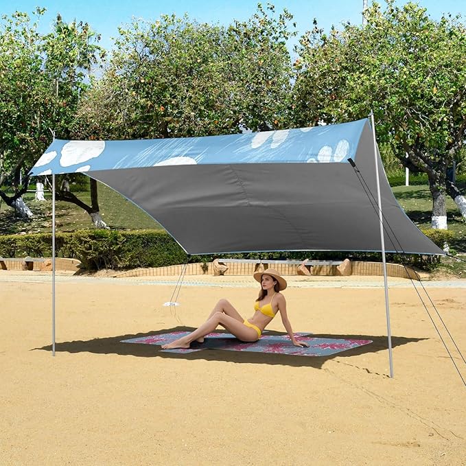 Blue Paw Print Beach Tent Sun Shelter 9.2' x 10.5' Beach Canopy with 4 Sandbags 4 Stability Poles Sand Shovels - Tent Canopy for Beach Camping Fishing Picnics