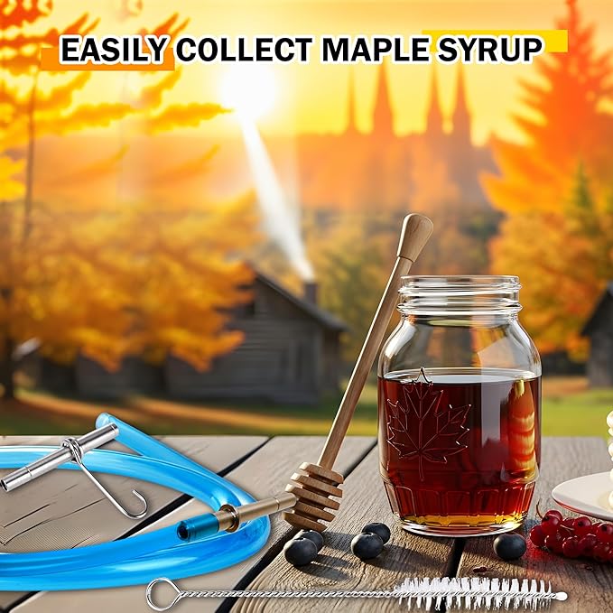 33 Pcs Maple Syrup Taps Kit Include 9 Pcs Taps Spiles with Hooks 3 Pcs Filtering Funnel 9 Pcs Blue Food Grade Maple Syrup Tubing With 3 Pcs Spile Cleaning Brush