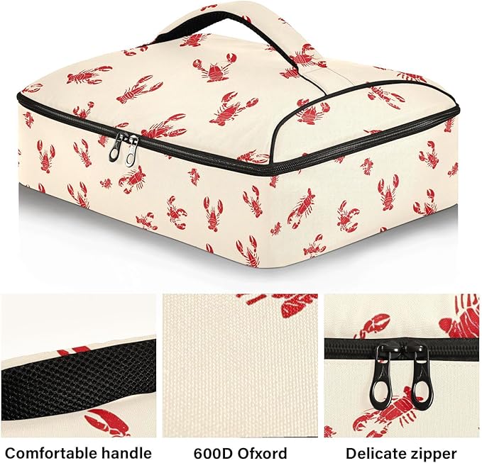 Casserole Carrier Red LobsterInsulated Casserole Carrier for Hot or Cold Food Thermal Lunch Tote for Potluck Parties Picnic Beach Fits 9 x 13 Inches Baking Dish