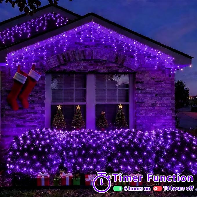 QITONG Purple Net Lights Outdoor Mesh Lights 360 LED 12ft x 5ft Christmas Net Light with 8 Modes Clear Wire Bush Light Plug in