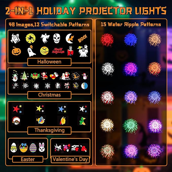 Holiday Projector Lights Outdoor 2-in-1 HD Moving Pattern Holiday Projector Lights with Remote Control (12 Slides 15 Colors) Three Fixing Methods IP65 Waterproof Atmosphere Decoration with Timer
