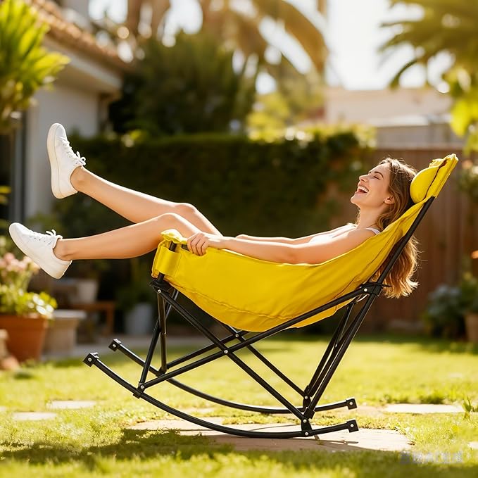 Oversized Rocking Camping Chair for Adults with Headrest Portable Rocking Chair with Cup Holder Side Pocket &amp Carry Bag 400 lbs Heavy Duty Outdoor Rocker Chair for Camp Patio Yellow