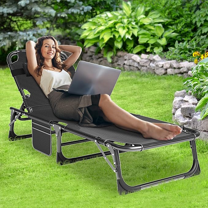 ABORON 3-in-1 Folding Patio Lounge Chair 440LB Heavy-Duty Tri-Fold Guest Bed with Plush Cotton Cushion No Assembly Adjustable Recliner for Office Nap Patio Sunbathing Poolside &amp Camping