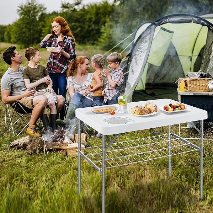 Giantex Folding Fish Cleaning Table with Double Sinks Portable Fish Fillet Cleaning Station w/Faucet Drainage Hoses Sprayer &amp Storage Shelf 2-in-1 Outdoor Camping Table for Picnics Fishing