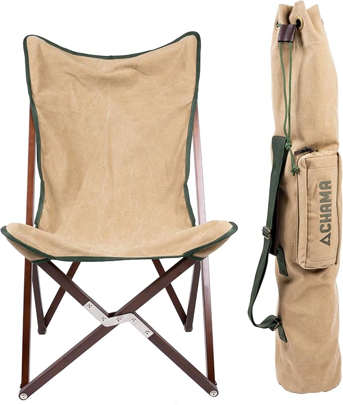 CHAMA Vaquero Chair &amp Travel Bag - Wheat and Pine- Beautiful Outdoor Wood and Canvas Portable Folding Chair Ideal for Camping Patios Lawns or Indoor Use - Supports 300 lbs