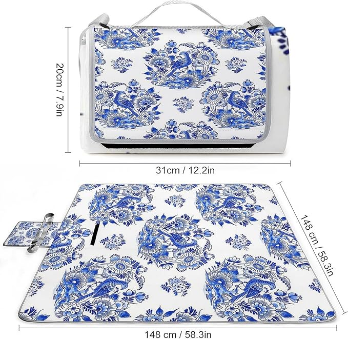 Blue and White Chinese Style Chinoiserie Folk Waterproof Outdoor Picnic Blanket Sandproof Beach Mat for Camping Hiking Grass Travelling