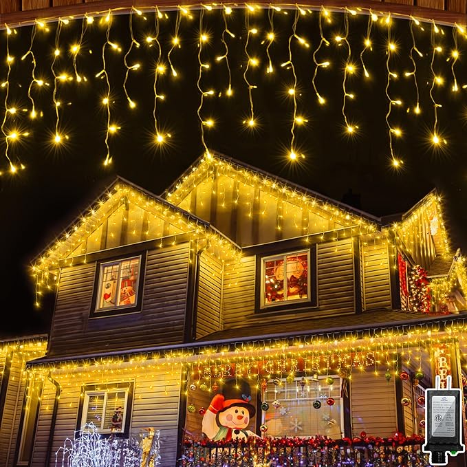 1296LED Christmas Lights with 288 Drops 131ft 8 Modes Christmas String Lights Outdoor Waterproof Christmas Decorations Fairy Lights with Timer Memory for Xmas Party Patio Window Fence Warm White