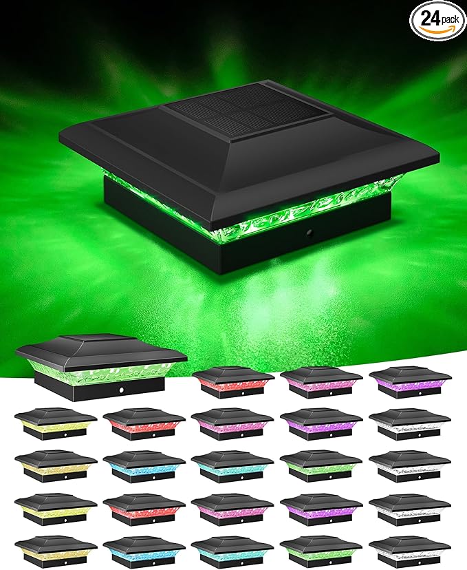 T-SUN Solar Post Cap Lights with Auto-Change Colors- for Vinyl/Wooden Posts IP65 Weatherproof Outdoor Solar Fence Post Lights for Deck Porch Garden &amp Stairs(24-PackRGB)