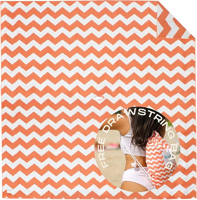Plush Microfiber Beach Blanket Extra Large Beach Mat for 3-6 Persons Sandproof Windproof | Hole for Umbrella Corner Sand Pockets to Fight Wind (Bag for Blanket Included)