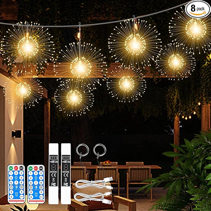 WIND STAR Firework Lights Hanging 480 LED Rechargeable Starburst Fairy String Lights for Patio Backyard Bedroom Party Wedding Decor 2 Pack