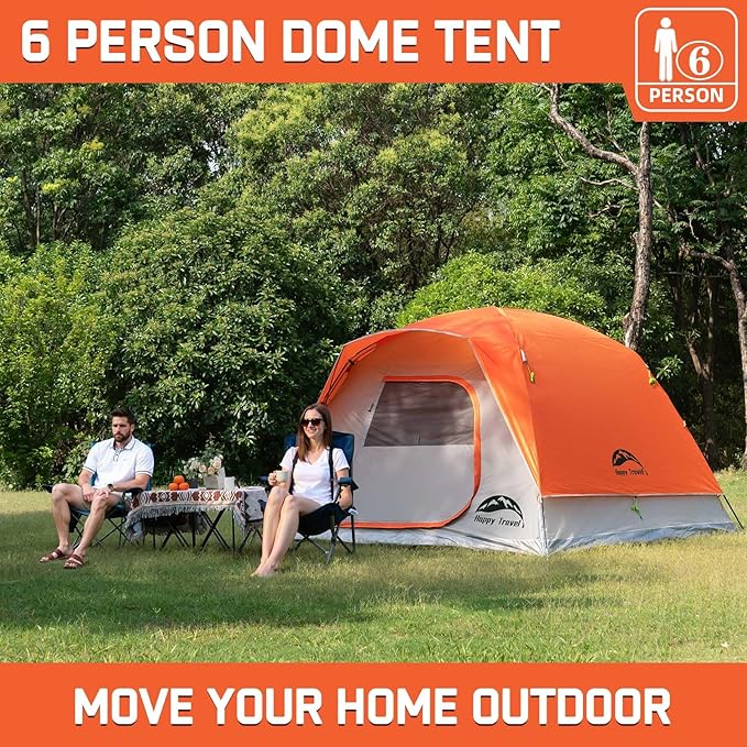 Happy Travel Camping Tent 4/6 Person Dome Tents for Camping with Rainfly Waterproof Clip Easy Setup Portable Family Tent with Mesh Windows 20% More Headroom Backpacking Tents for Camping &amp Hiki