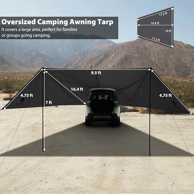 GEERTOP Large Car Awning Tarp for Camping Backpacking Tarp SUV Tailgate Truck Canopy Sun Shade Waterproof Outdoor Rear Vehicle Awning Shelter for Van MPV Campers