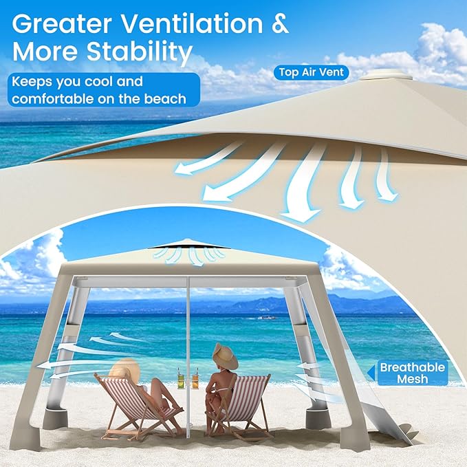 MoKo Beach Cabana 8'×8' Large Beach Canopy with Side Wall UPF 50+ Protection Easy Setup Beach Tent Sun Shelter Adjustable Height Wind Resistant Cabana Beach Tent for Whole Family Khaki