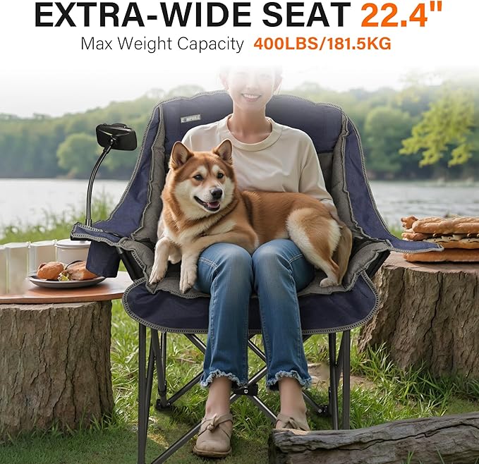Camping Chairs for Adults-Oversized Extra Large Lawn ChairFolding Comfy Padded Chair w/Phone HolderSide PocketCup Holder for OutdoorWide&ampThickHeavy Duty 400LbsBlue