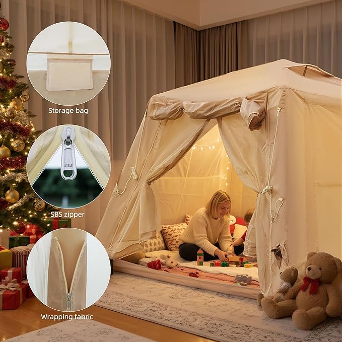 Donext Inflatable Camping Tent 4-Season Glamping Tent with Stove Jack Mesh Windows Easy Setup Windproof Cotton Outdoor Tent with Hand Pump
