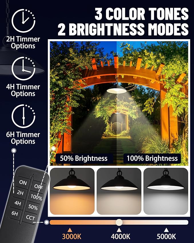 Solar Pendant Lights with Remote Control 3 Color 2 Brightness Mode Timer 8 inch Outdoor Hanging Shed Gazebo Chandelier Lamp Chicken Coop Barn Porch Light Dusk to Dawn 1 Pack