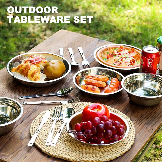 Camping Mess Kits - 28pcs Camping Dinnerware Set Camping Gifts Camping cookware Sets Camping Accessories Camping Cooking Utensils Set Bowls Plates Knives Forks Spoons