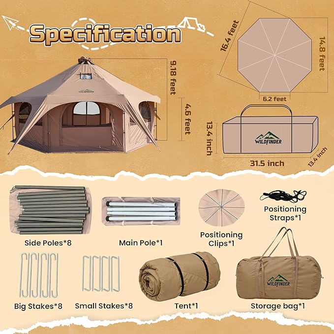 16.5ft Canvas Bell Tent Large Yurt Tent with Stove Jack for Camping &amp Glamping 55 High Walls Maximum Space Waterproof 4 Season Hot Tent with 8 Mesh Windows &amp Removable Floor