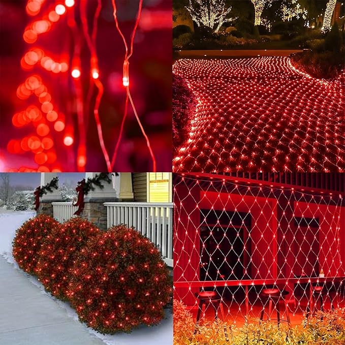 WATERGLIDE Outdoor Valentines Net Lights 12FT x 5FT 360 LED Mesh String Light with 8 Lighting Mode Connectable Waterproof Lights for Garden Tree Bushes Christmas Wedding Party Decorations Red