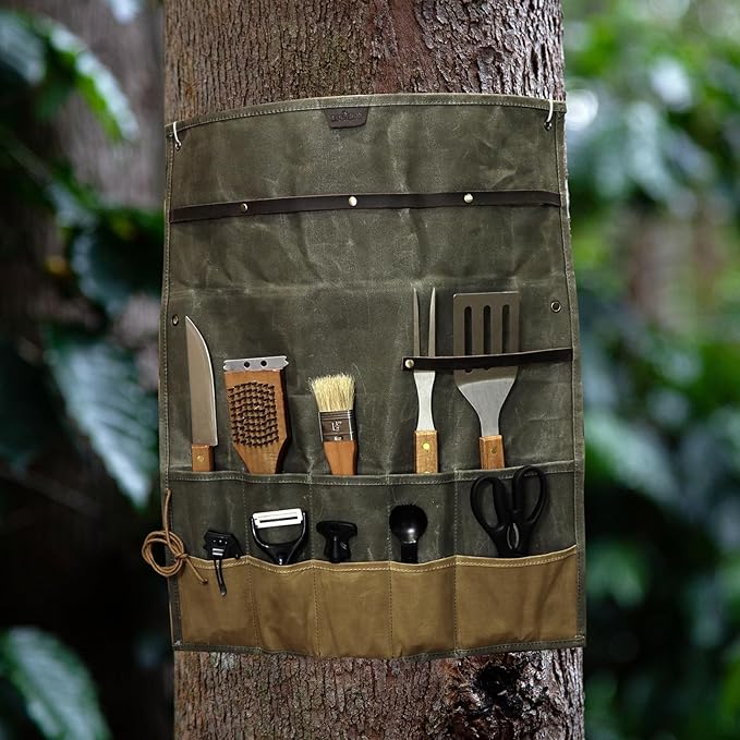Tourbon Outdoor Camping Hanging Tool Roll Bag Canvas Cutlery Pouch Removable Tableware Multi-Purpose Storage Organizer for Camp BBQ Dinnerware Cookware