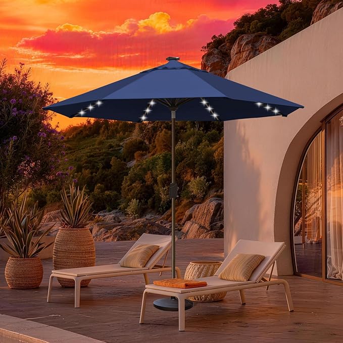 EliteShade USA 10-Year-Non-Fading 10Ft Market Umbrella with 80 LED Lights Patio Umbrella Outdoor Table Umbrella with Ventilation(Navy Blue)