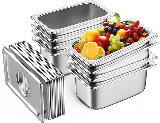 8 Pack Hotel Pans with Lids 1/4 Size 6 Deep Stainless Steel Steam Table Pan 22 Gauge Anti Jam Commercial Catering Food Pans for Hotel Home Party Restaurant Buffet