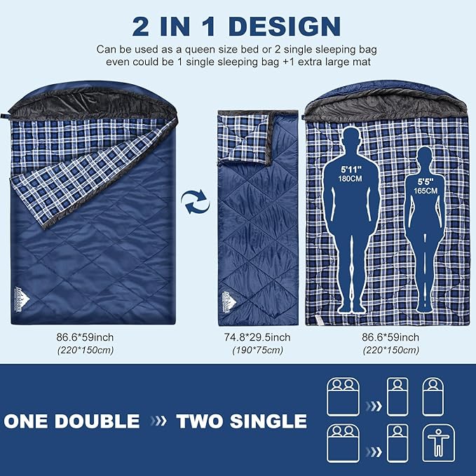 AGEMORE Cotton Flannel Double Sleeping Bag with Fleece Lined Hood Waterproof Queen Size 2 Person Sleeping Bag for Adults Cold Weather Camping Backpacking or Hiking 3-4season