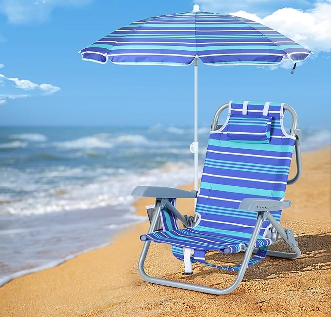 Kids Beach Chair Blue Striped 5-Position Reclining Aluminum Frame Backpack-Foldable Umbrella with Sand Anchor Cup Holder Storage Pocket Perfect for Kids (1-Pack)