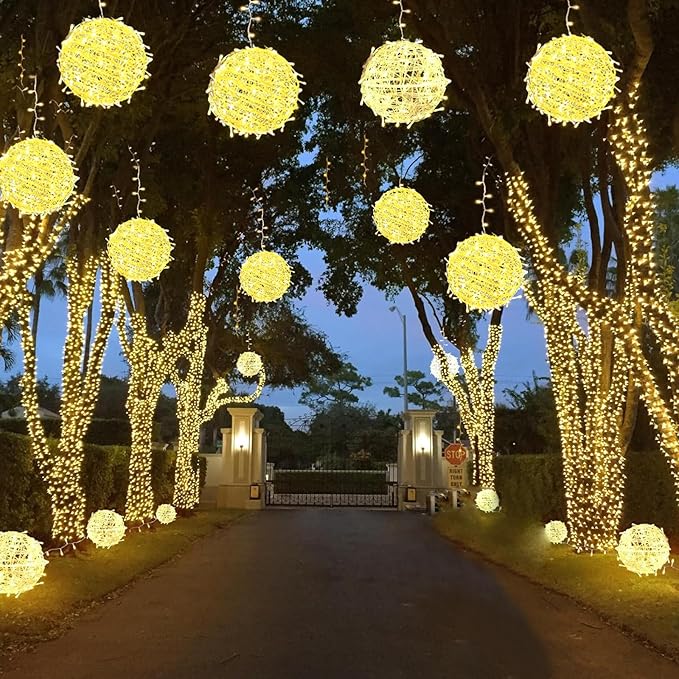 Outdoor Christmas Balls Lights Tree Lights Waterproof 4 Pack 7.87 LED Hanging Globe Sphere Lights with 8 Lighting Modes Memory Timer Plug for Party Wedding Xmas Porch Patio Garden Yard Decorations