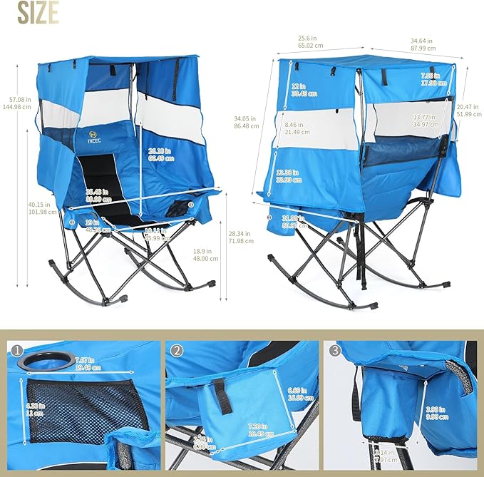 Nice C Rocking Camping Chair with Canopy XL Oversized Folding Rocker for Adult Outdoor Umbrella Chairs with Shade with Cup Holder Cooler Bag Carry Bag for Sports Patio Backyard (1 Pack Blue)