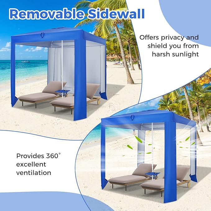 HAPPYGRILL Beach Canopy with Folding Table Outdoor Cabana with Detachable Sidewall Carrying Bag UPF 50+ Protection Sandbags Portable Outdoor Sun Shelter Tent for Beach Backyard